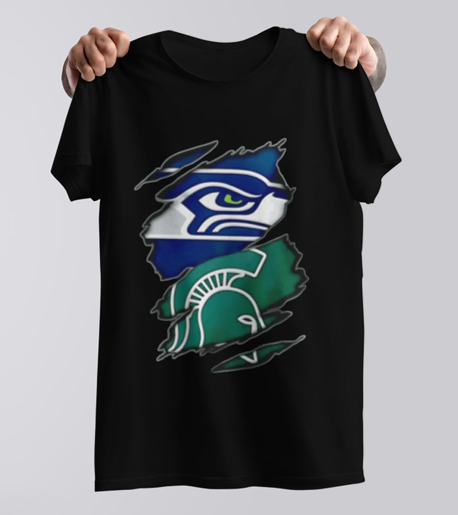 Seattle Seahawks Michigan State Spartans Torn Fabric Reveal Sports Logos T-Shirt