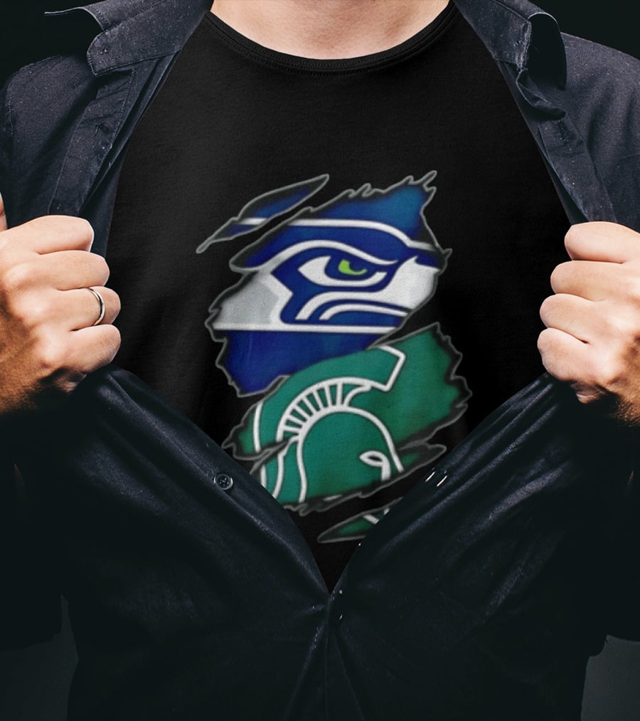 Seattle Seahawks Michigan State Spartans Torn Fabric Reveal Sports Logos T-Shirt
