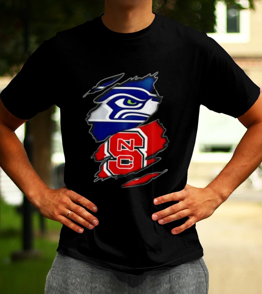 Seattle Seahawks North Carolina State Wolfpack Torn Fabric NFL NCAA Team T-Shirt