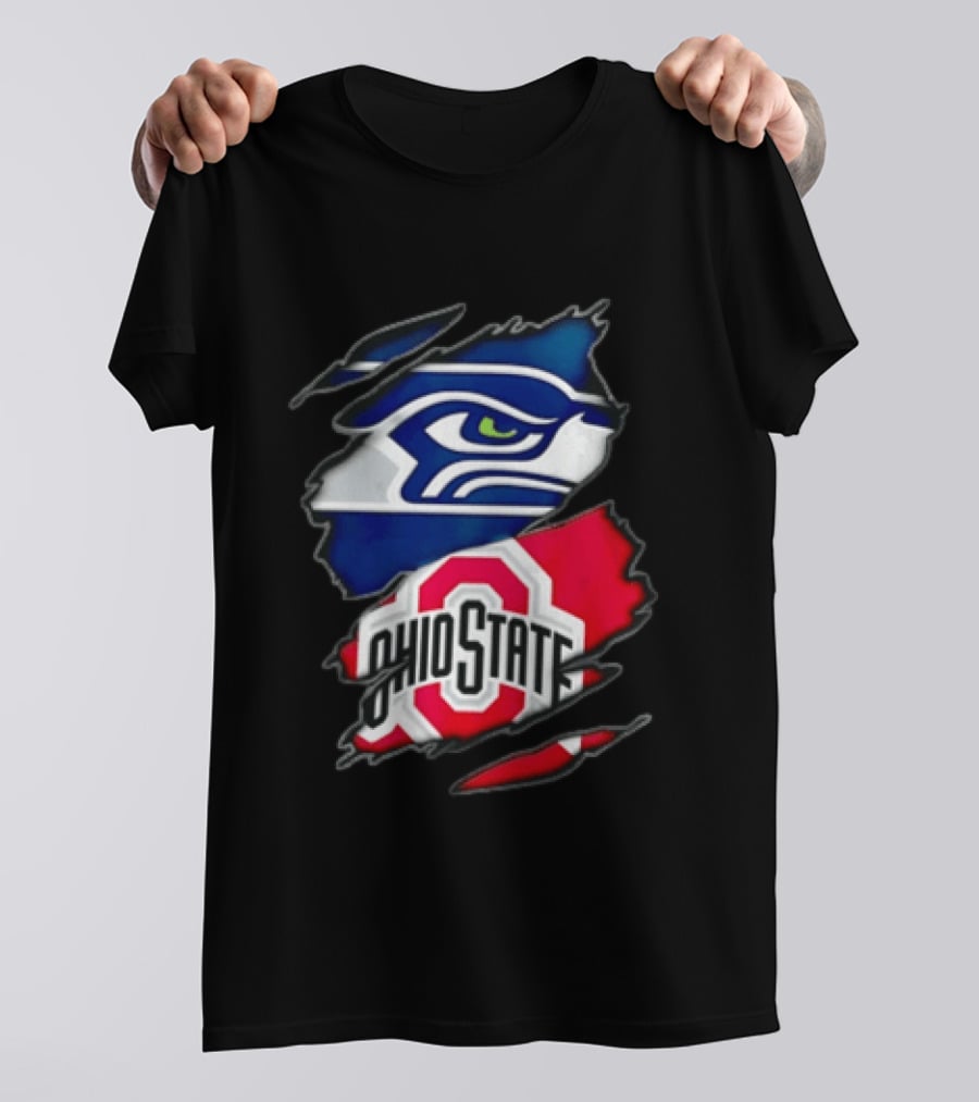 Seattle Seahawks Ohio State Buckeyes Torn Fabric Effect Team Logos T-Shirt