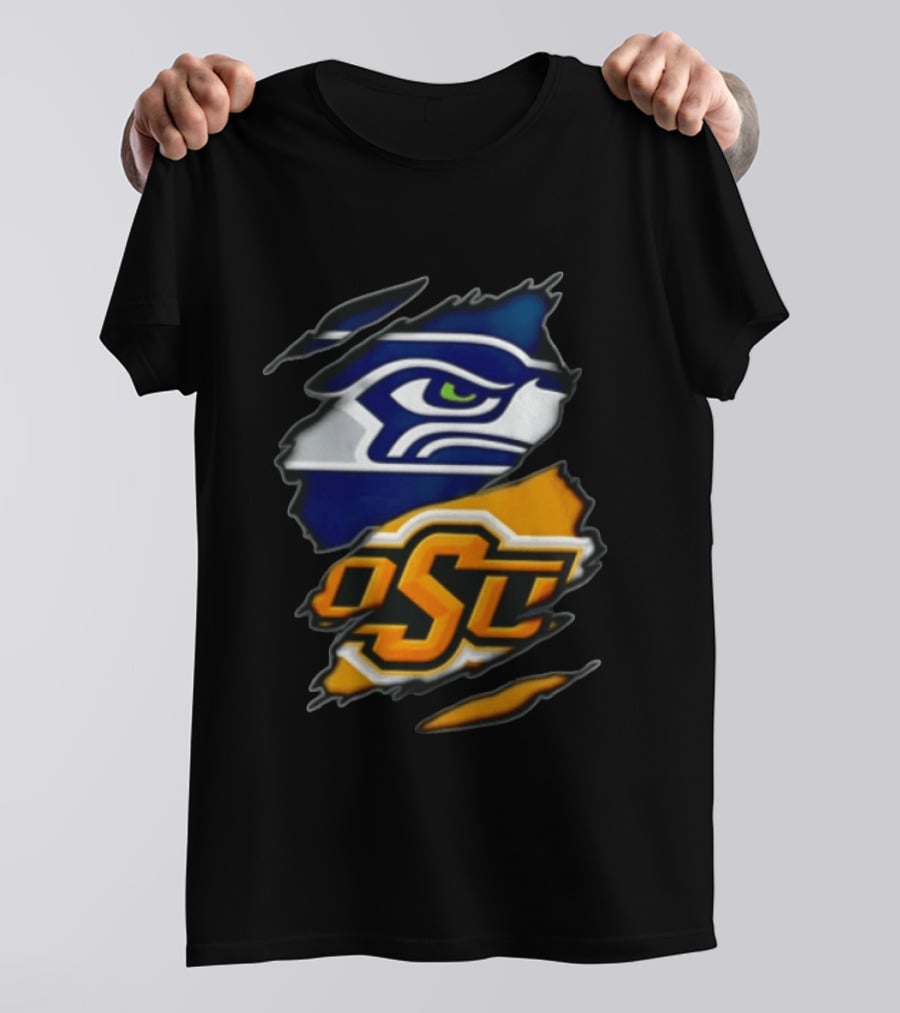 Seattle Seahawks Oklahoma State Cowboys Torn Fabric Reveal Sports T-Shirt