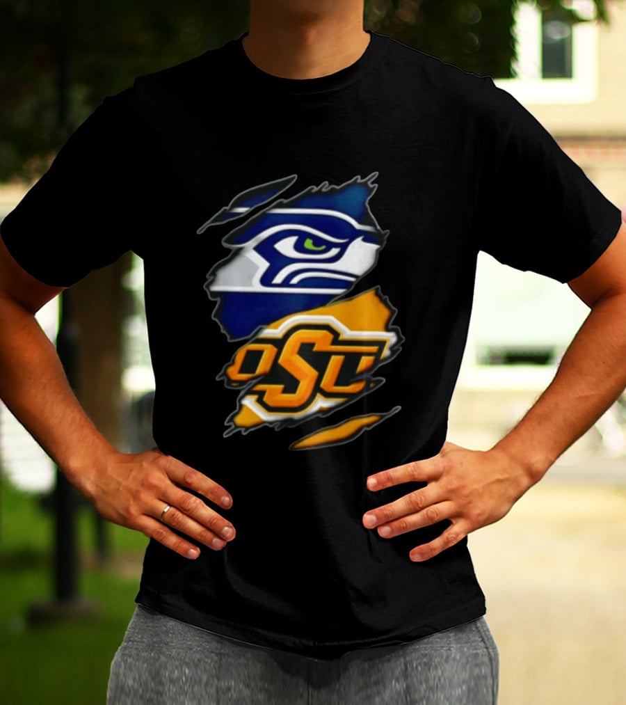 Seattle Seahawks Oklahoma State Cowboys Torn Fabric Reveal Sports T-Shirt