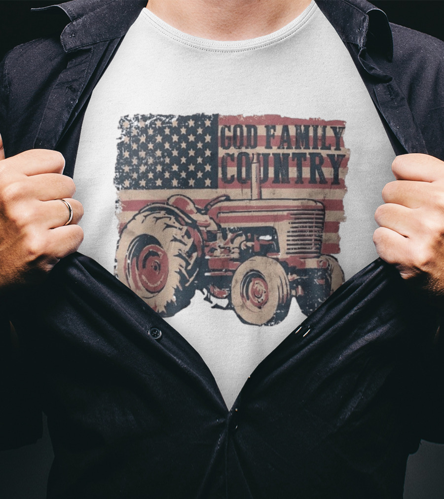 American Flag God Family Country Tractor T-Shirt