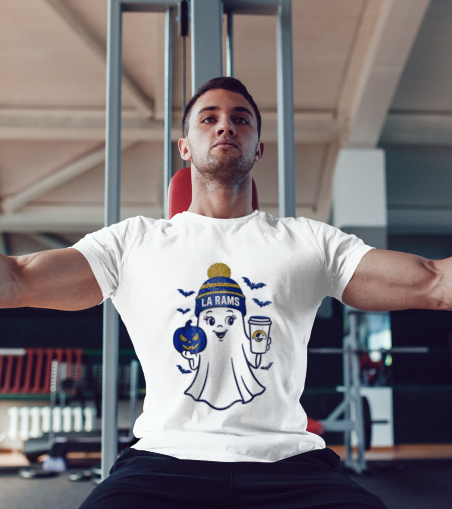 Los Angeles Rams Beanie Ghost Holding Pumpkin And Coffee Halloween T-Shirt