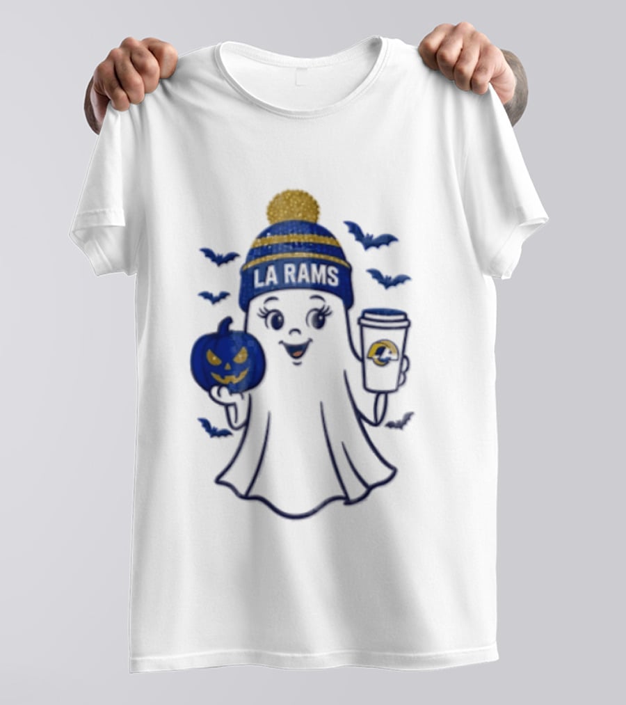 Los Angeles Rams Beanie Ghost Holding Pumpkin And Coffee Halloween T-Shirt