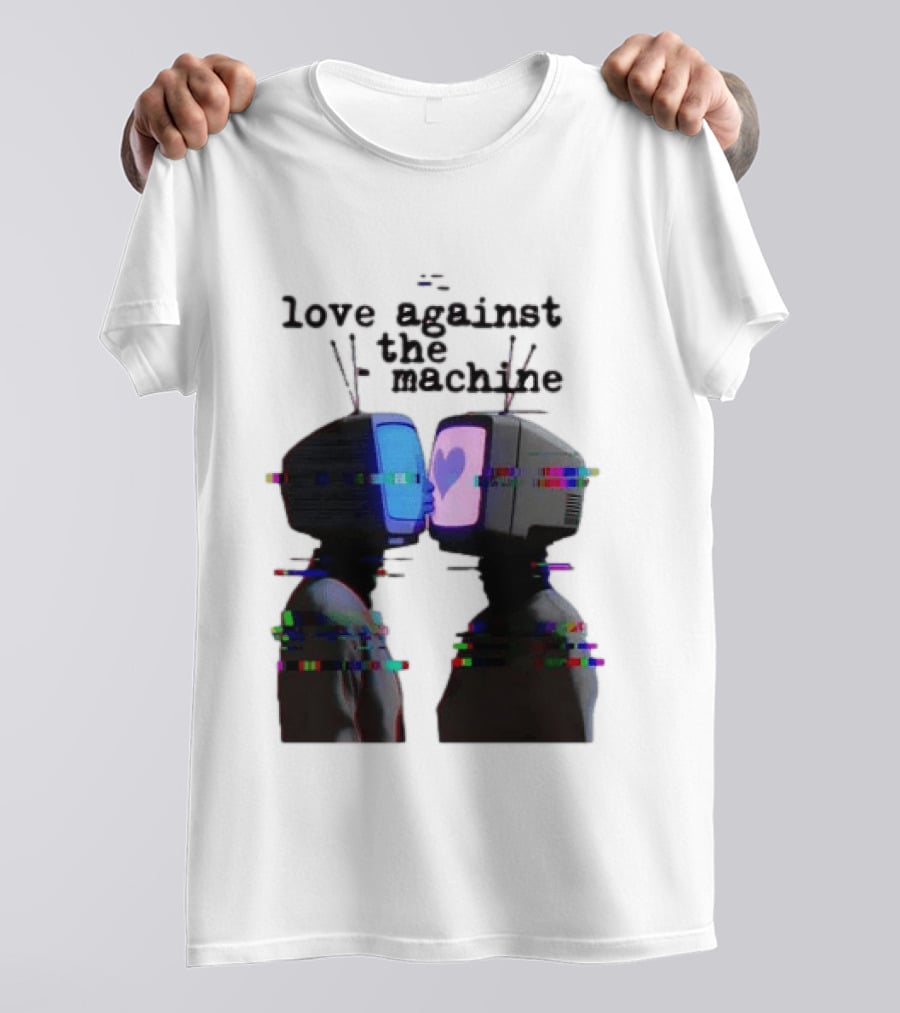 Love Against The Machine Two Television Heads Kissing Glitch Heart T-Shirt