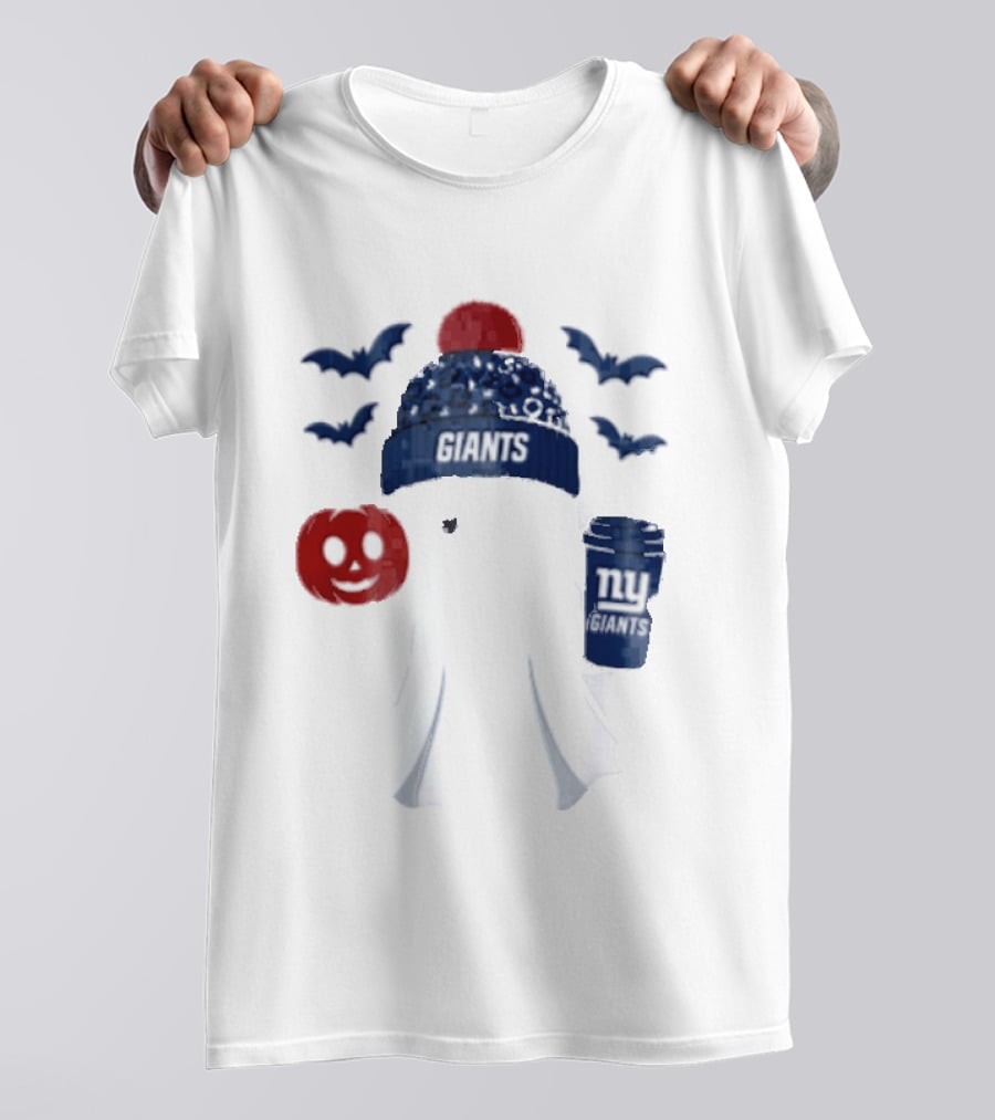 New York Giants Ghost Halloween Beanie With Pumpkin Coffee And Bats T-Shirt