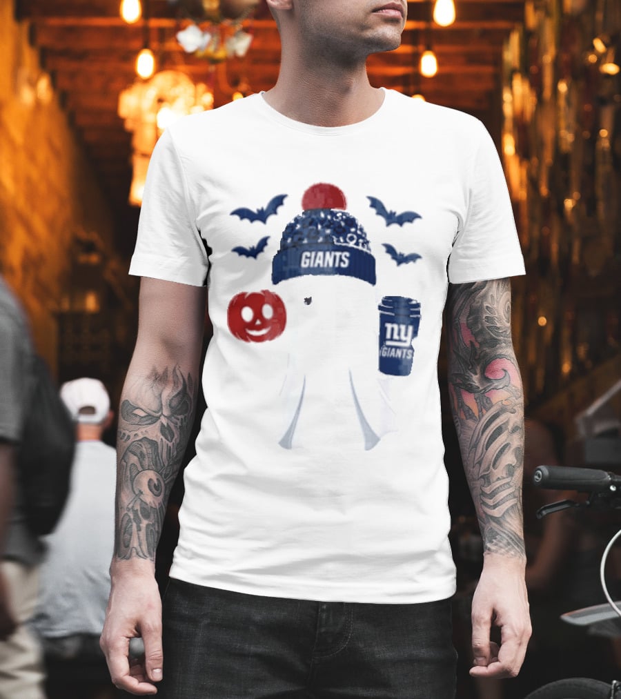 New York Giants Ghost Halloween Beanie With Pumpkin Coffee And Bats T-Shirt