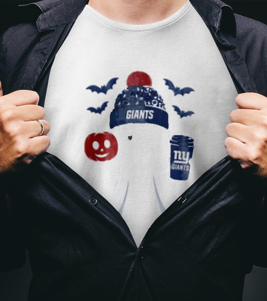 New York Giants Ghost Halloween Beanie With Pumpkin Coffee And Bats T-Shirt