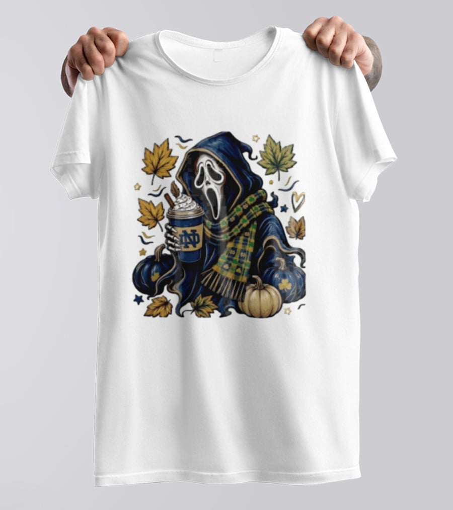 Notre Dame Ghostface Holding Coffee Autumn Leaves Pumpkins T-Shirt