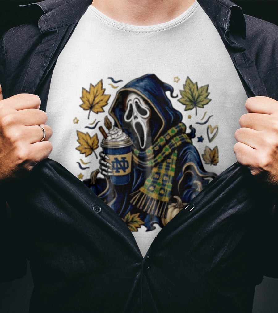 Notre Dame Ghostface Holding Coffee Autumn Leaves Pumpkins T-Shirt