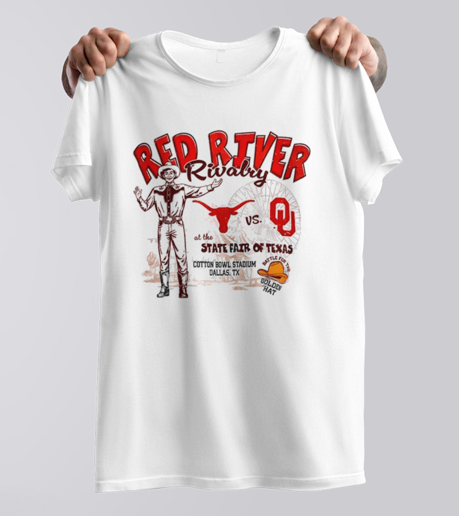 Red River Rivalry Texas Longhorns Vs Oklahoma Sooners State Fair Of Texas Vintage Cowboy Ferris Wheel Iconic Showdown T-Shirt