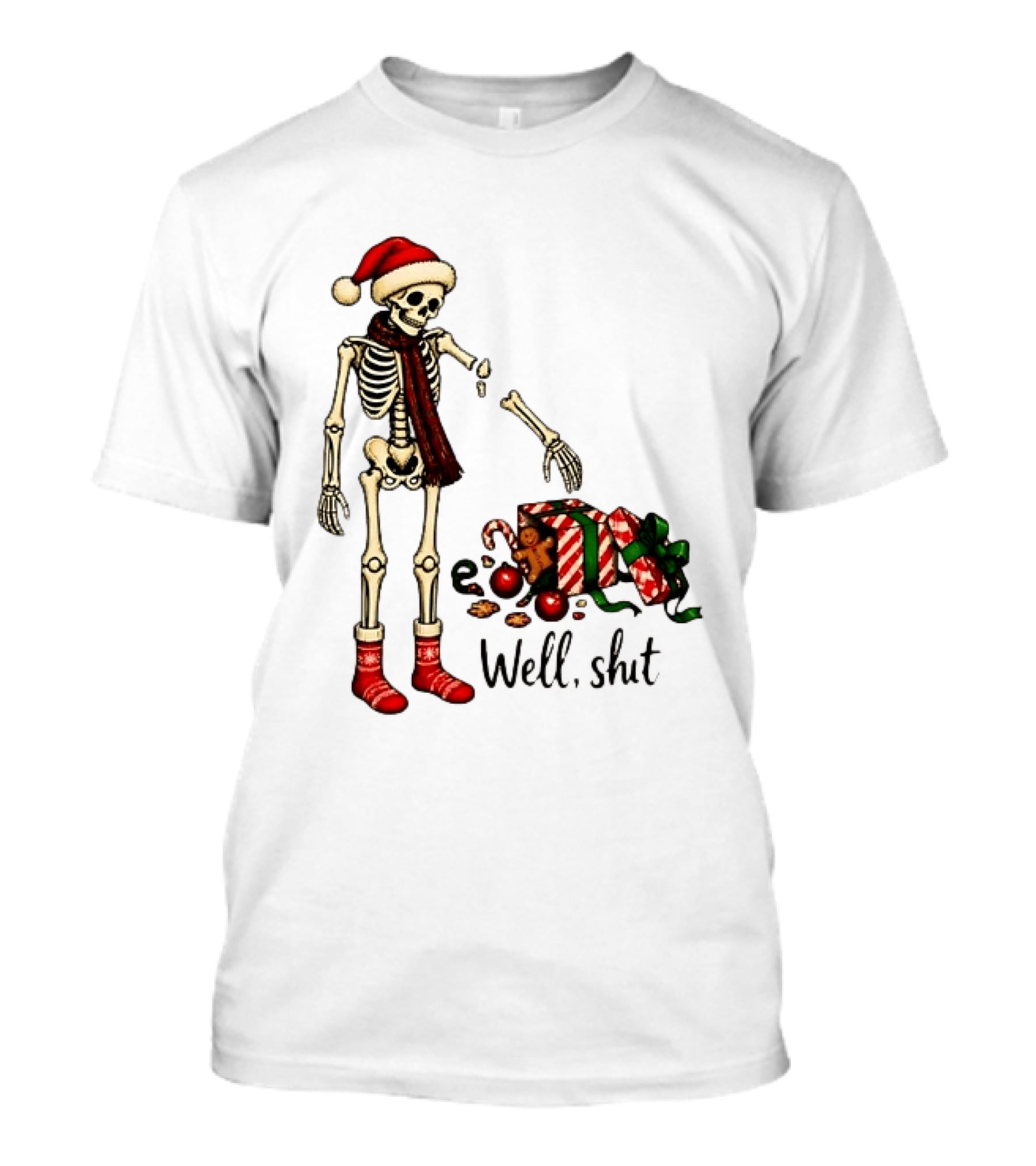 Well Shit Christmas Skeleton Gingerbread Man Santa Hat T-Shirt