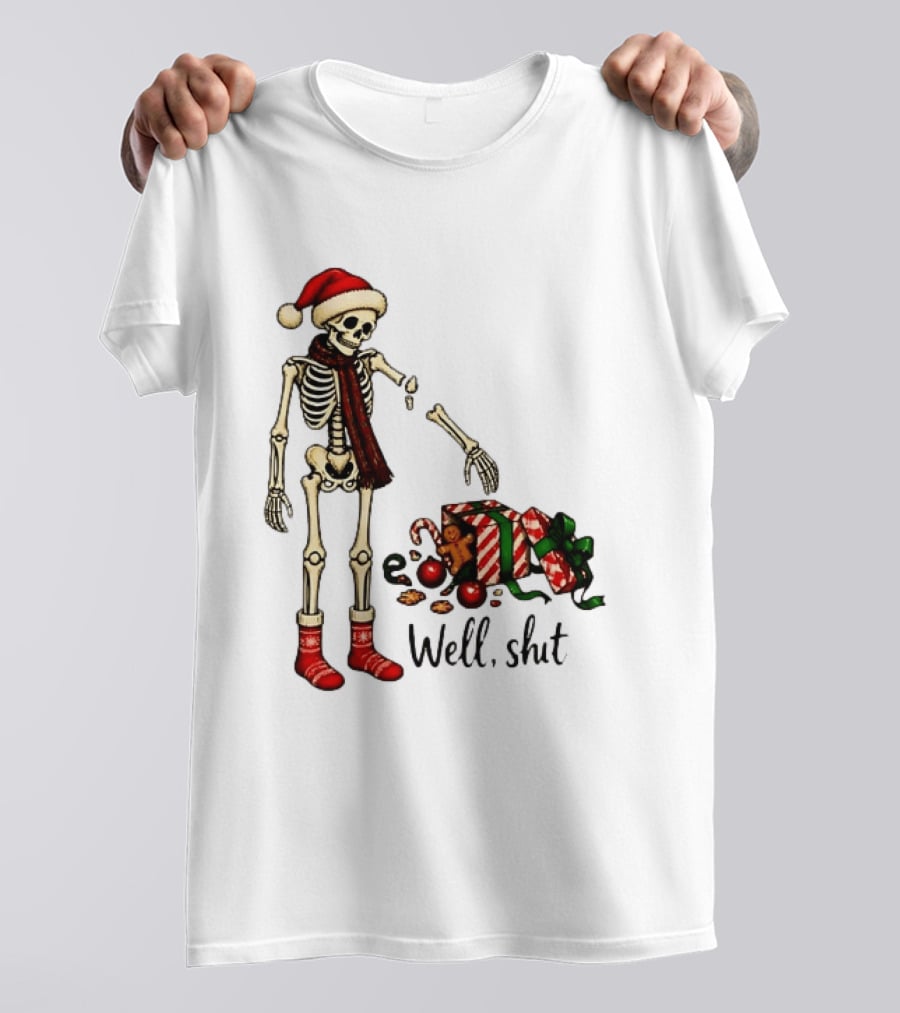 Well Shit Christmas Skeleton Gingerbread Man Santa Hat T-Shirt