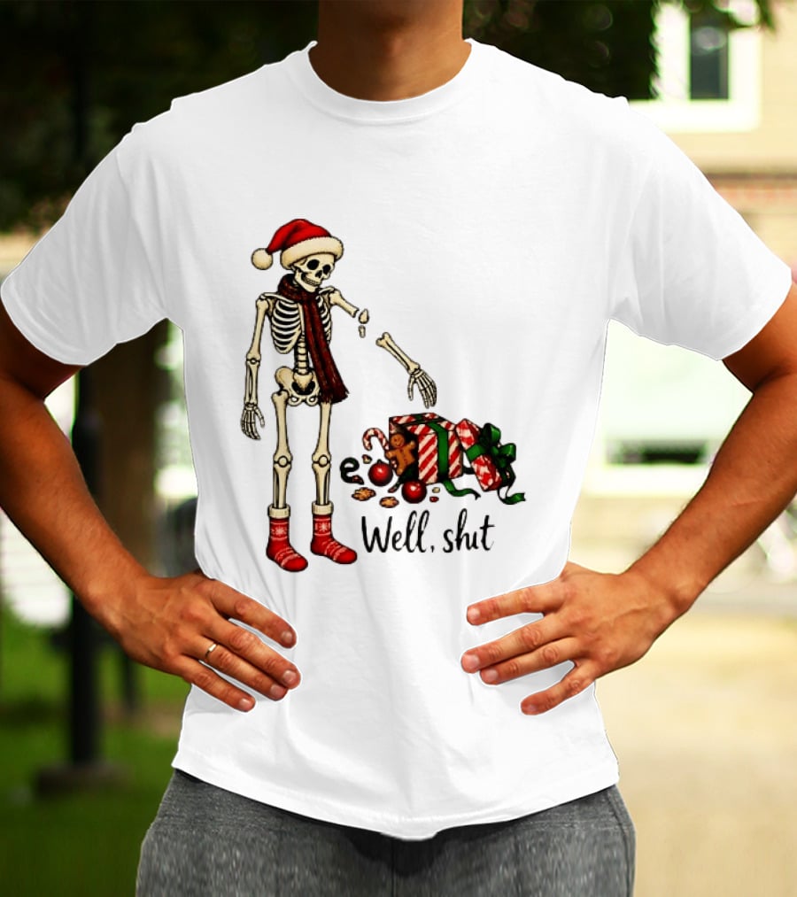 Well Shit Christmas Skeleton Gingerbread Man Santa Hat T-Shirt