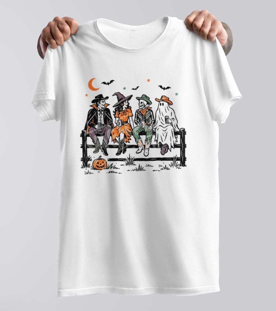 Witch Skeleton Ghost Vampire Western Halloween Scene With Pumpkins And Bats T-Shirt