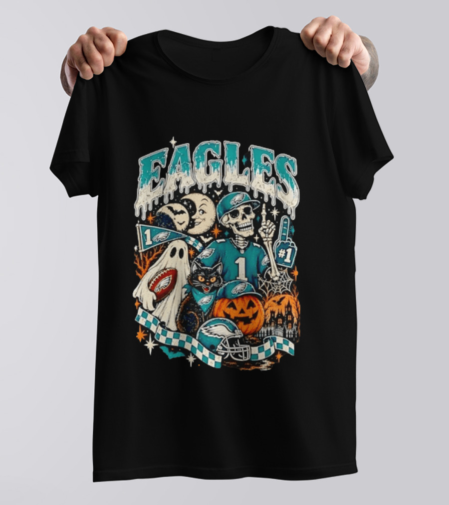 Eagles Jalen Hurts Halloween Skeleton Ghost Black Cat Pumpkin T-Shirt