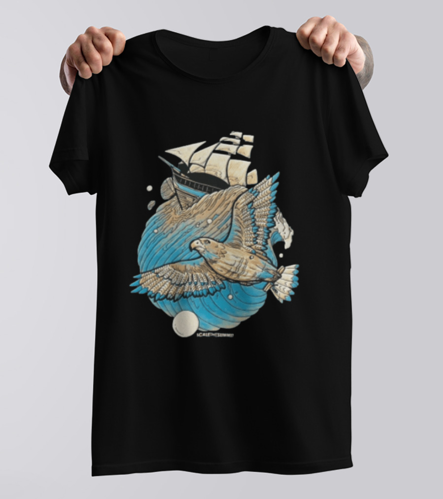 Scale The Summit Eagle Flying Over Sailing Ship Ocean Adventure T-Shirt