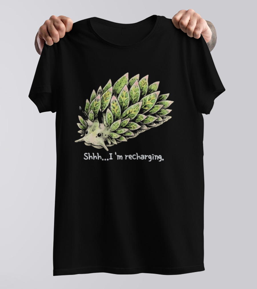Leaf Sheep Sea Slug Shhh I'm Recharging Green Pink Cute Sea Creature T-Shirt