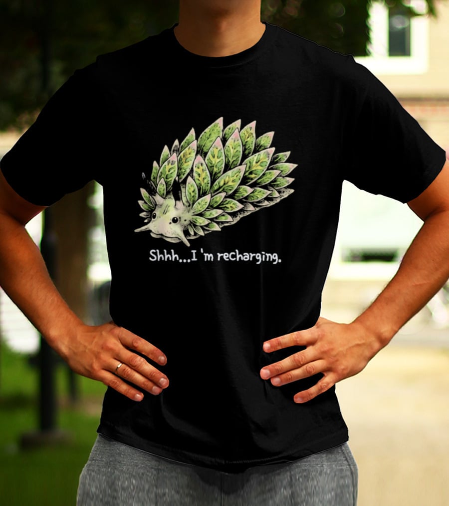 Leaf Sheep Sea Slug Shhh I'm Recharging Green Pink Cute Sea Creature T-Shirt