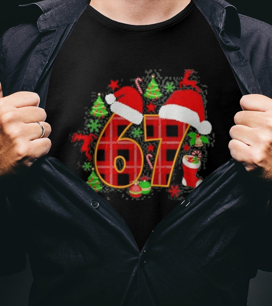 67 Christmas Plaid With Santa Hats And Festive Decorations T-Shirt