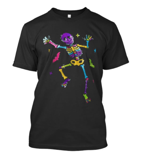 Skeleton Dancing Colorful Sequin Bats T-Shirt