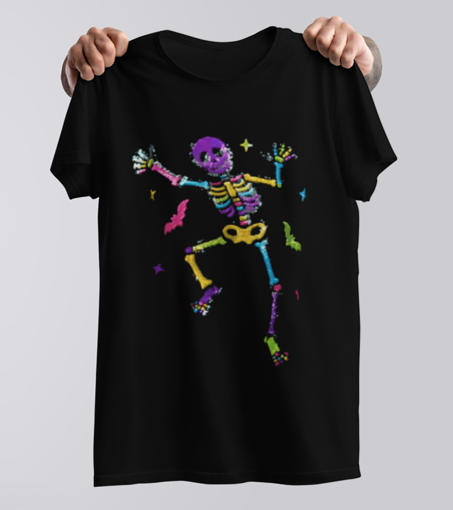 Skeleton Dancing Colorful Sequin Bats T-Shirt