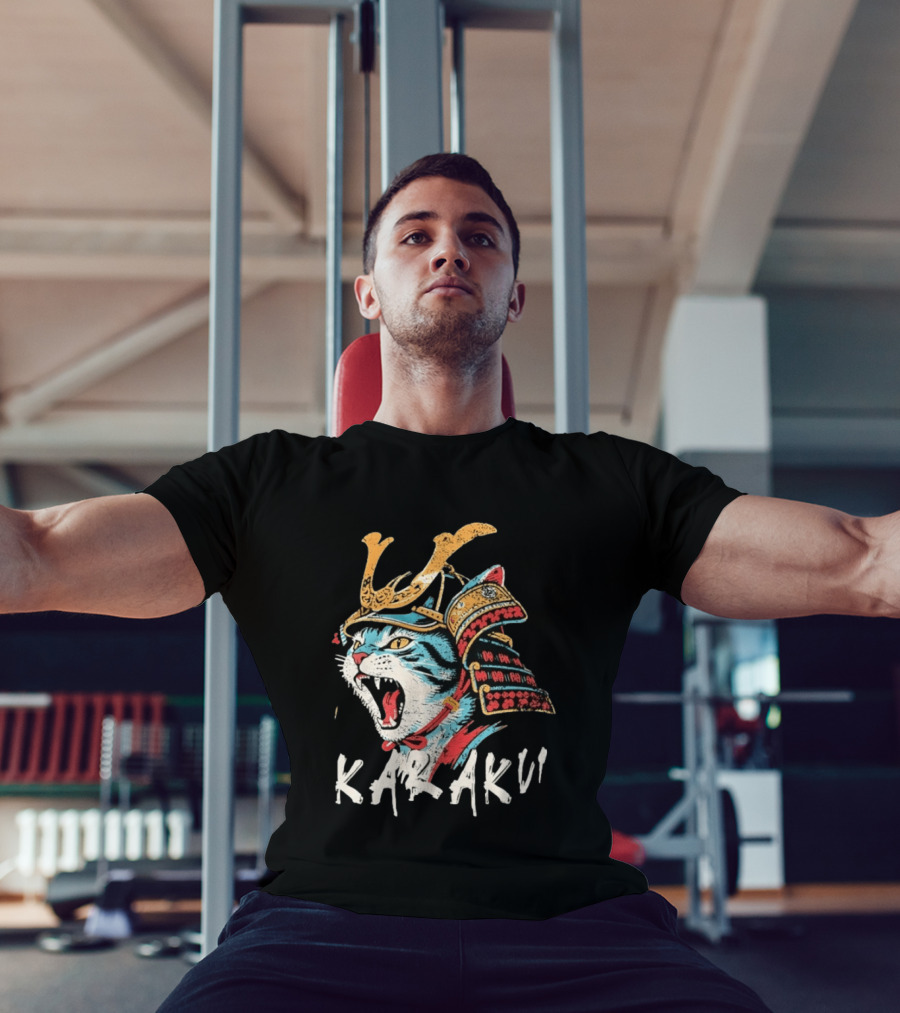 Karaku Distressed Samurai Cat With Helmet And Snarling Expression T-Shirt