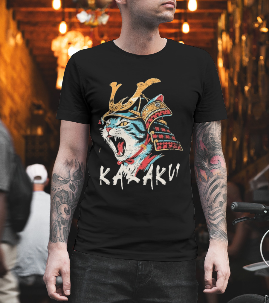 Karaku Distressed Samurai Cat With Helmet And Snarling Expression T-Shirt