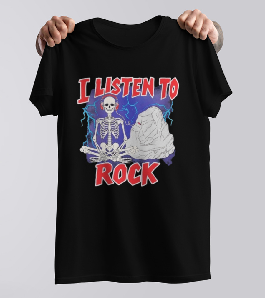 I Listen To Rock Skeleton Headphones Music T-Shirt