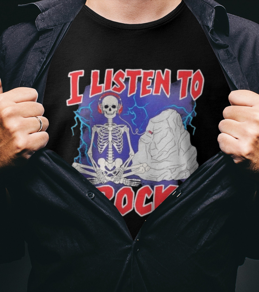 I Listen To Rock Skeleton Headphones Music T-Shirt