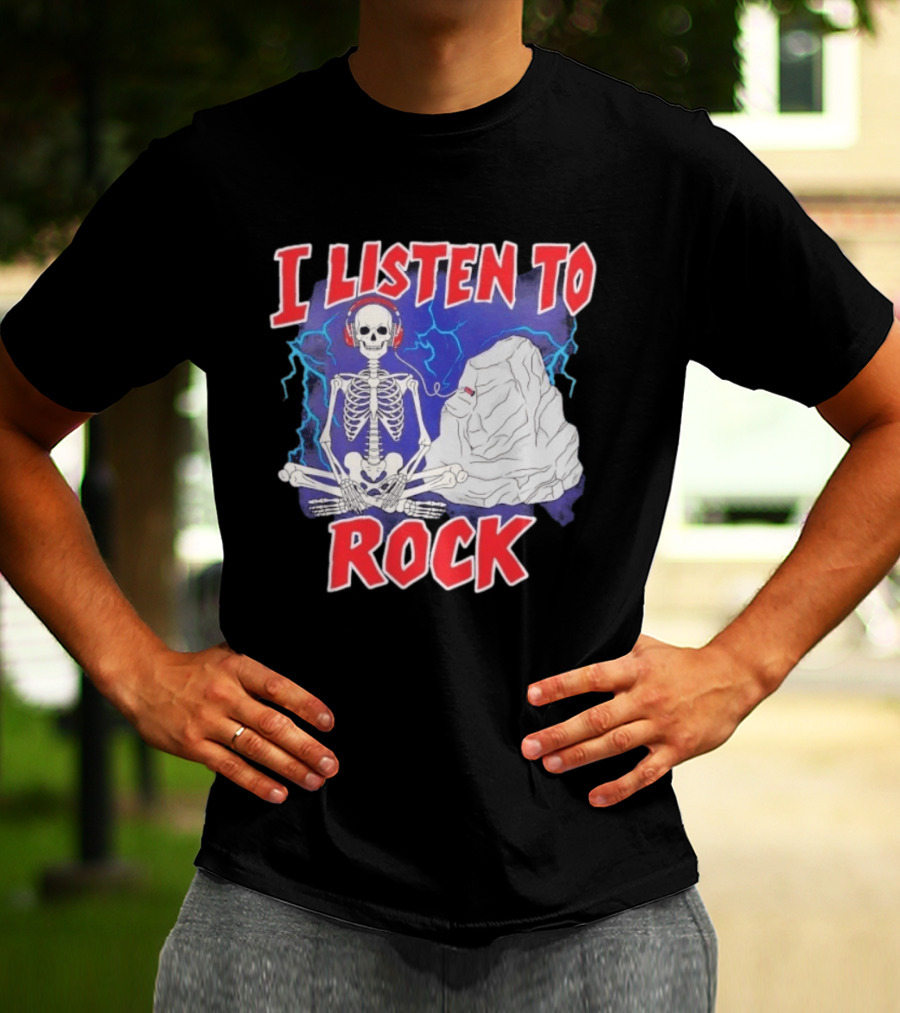 I Listen To Rock Skeleton Headphones Music T-Shirt
