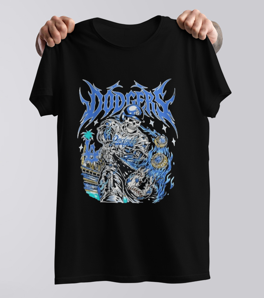 Los Angeles Dodgers Skeleton Player With Baseball Bat And Championship Rings T-Shirt