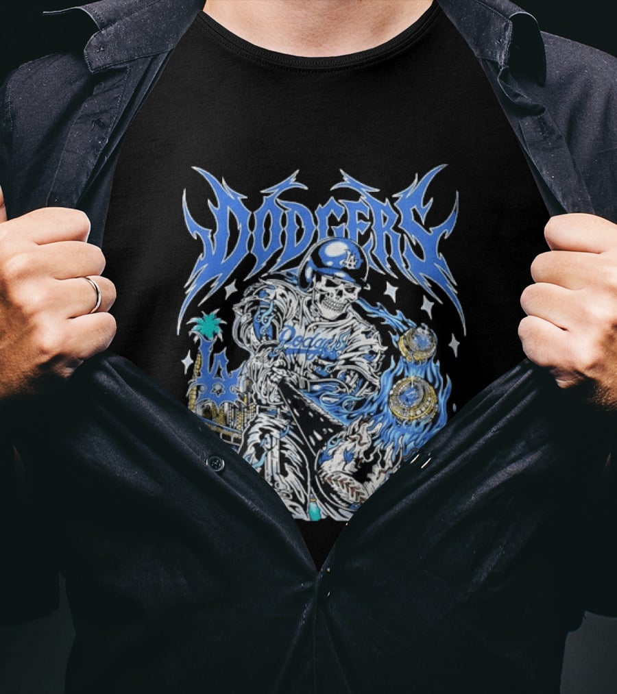 Los Angeles Dodgers Skeleton Player With Baseball Bat And Championship Rings T-Shirt