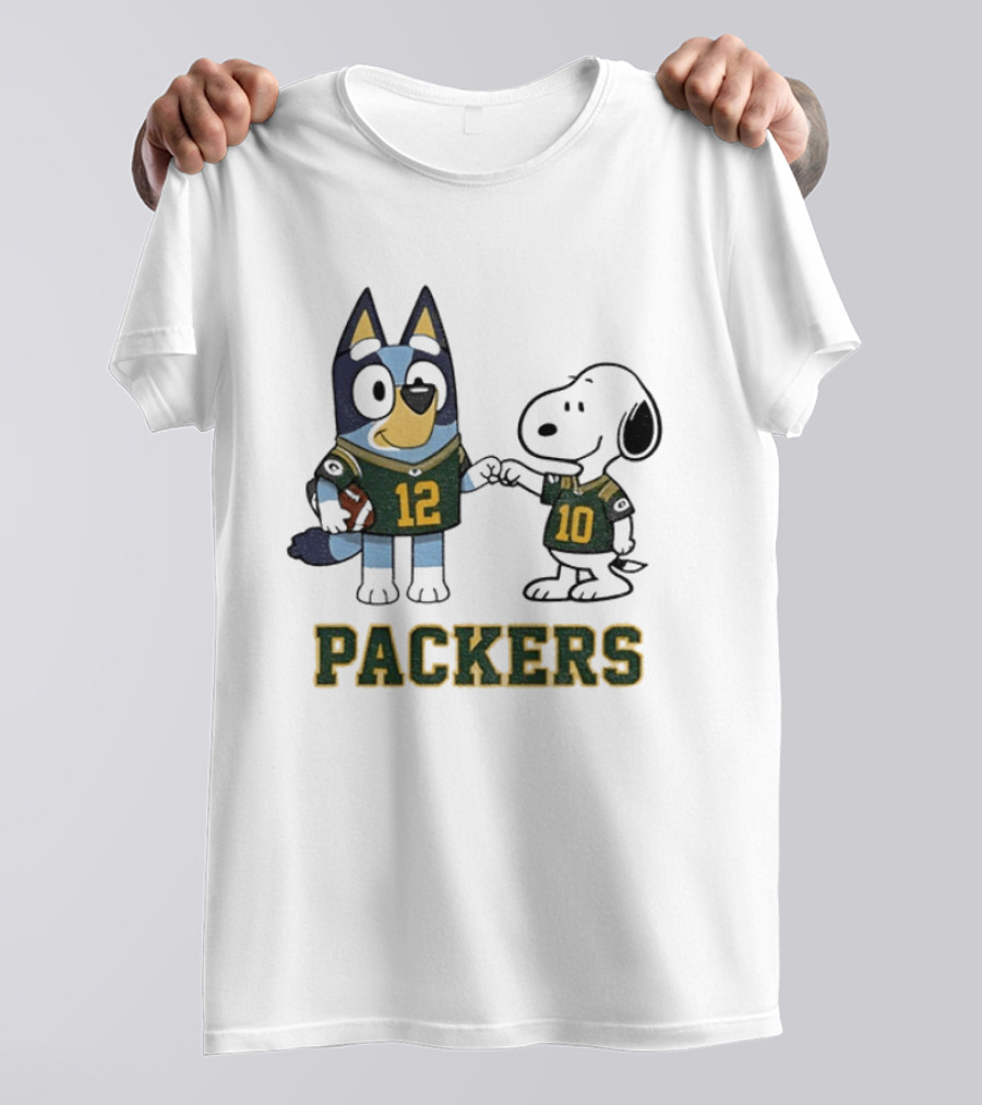 Bluey Snoopy Packers Football Friends Wearing 12 And 10 Jerseys T-Shirt