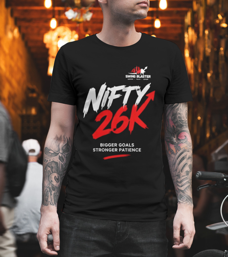 Swing Blaster Nifty 26K Bigger Goals Stronger Patience Bull And Bear Stock Market Trading Insights T-Shirt