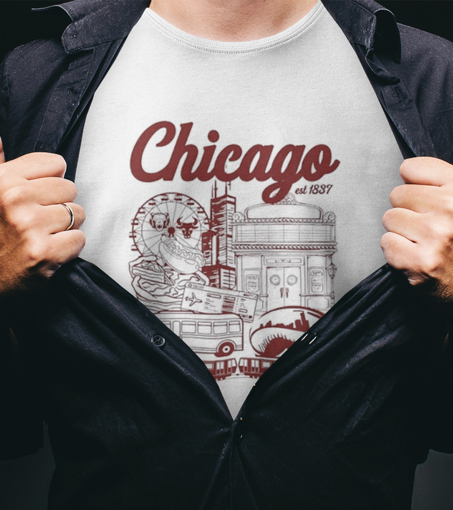 Chicago City Landmarks Illinois Est 1837 Ferris Wheel Hot Dog Retro Bus T-Shirt