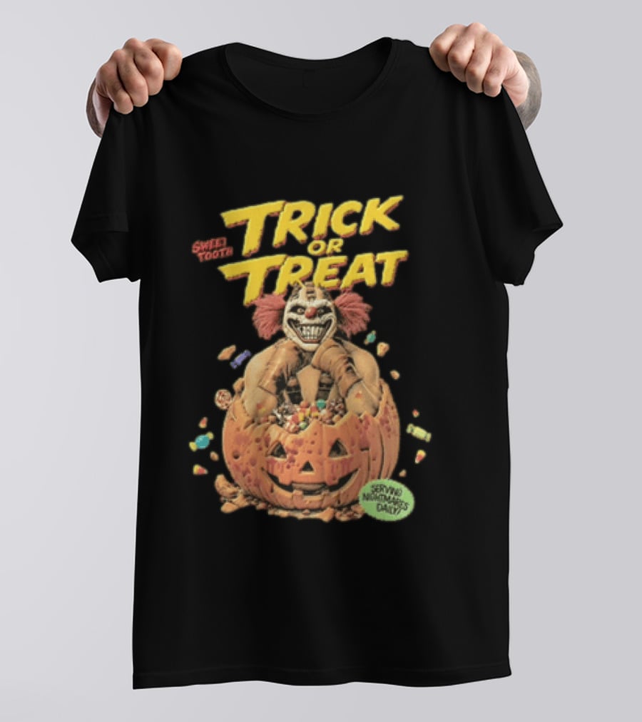 Twisted Metal Sweet Tooth Trick Or Treat Serving Nightmares Daily Pumpkin Candy T-Shirt