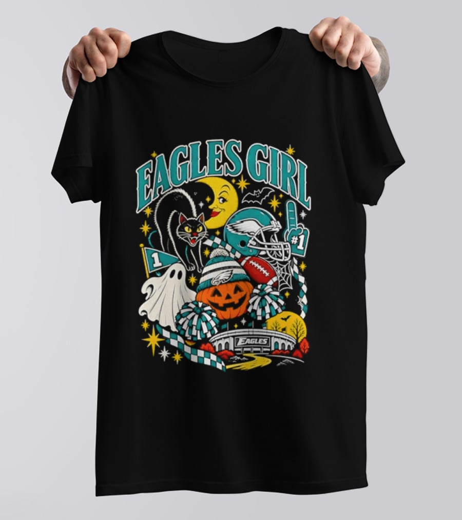 Eagles Girl Halloween Football Moon Cat Pumpkin Stadium T-Shirt