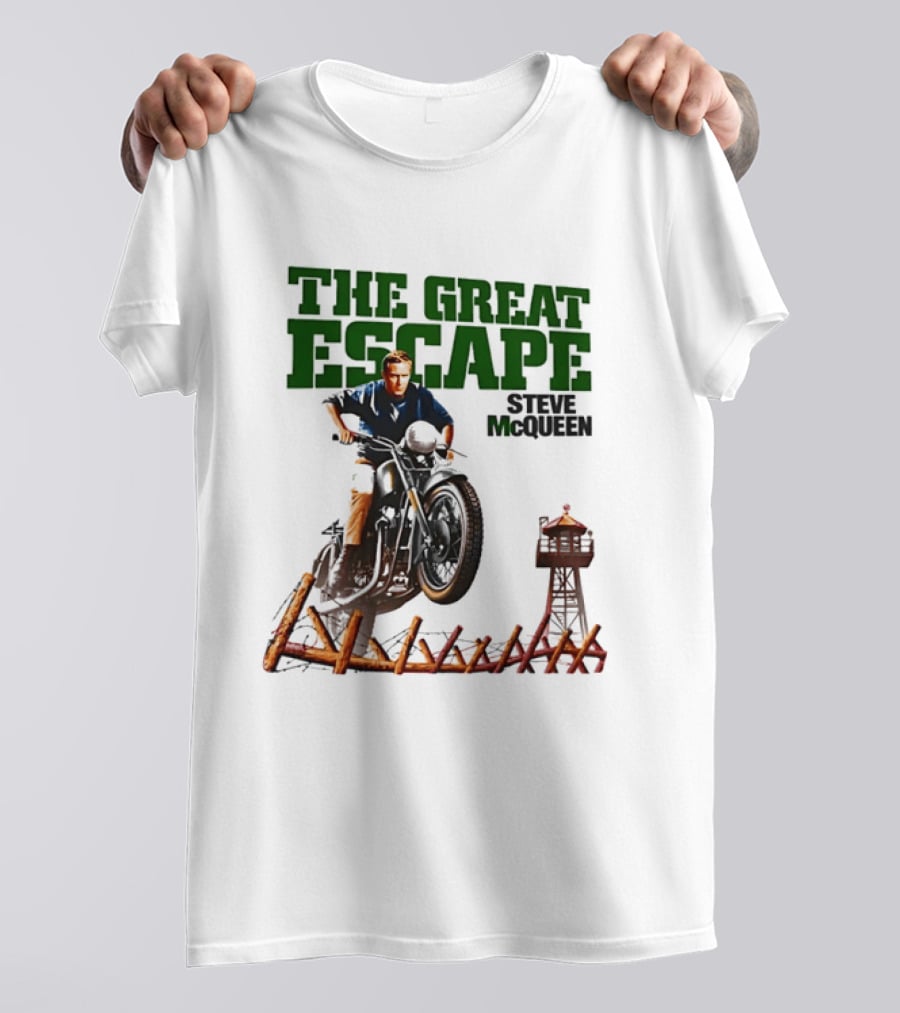 The Great Escape Steve McQueen Motorcycle Jump Classic Movie Scene T-Shirt