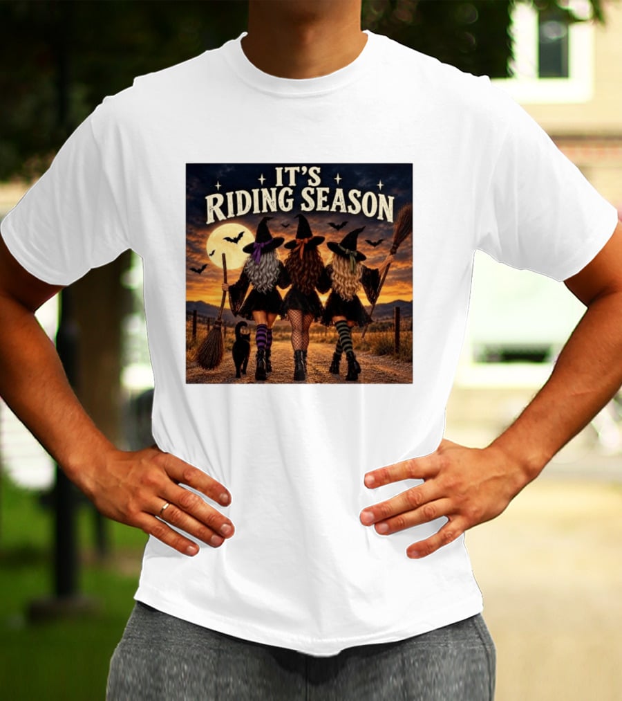 Halloween Witches With Brooms Under Full Moon And Black Cats T-Shirt