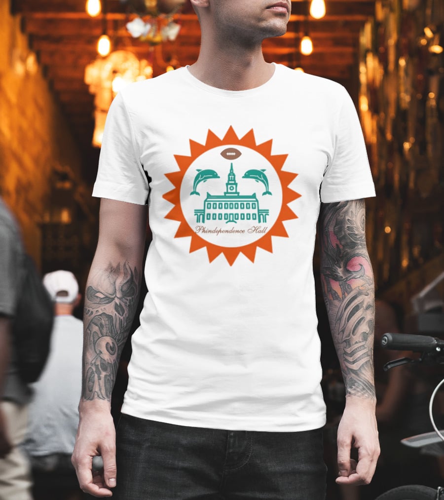 Phindependence Hall Miami Dolphins Football Emblem With Dolphins And Football Oval T-Shirt