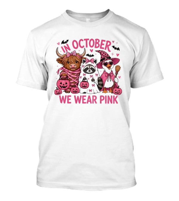 In October We Wear Pink Breast Cancer Support With Halloween Animals T-Shirt