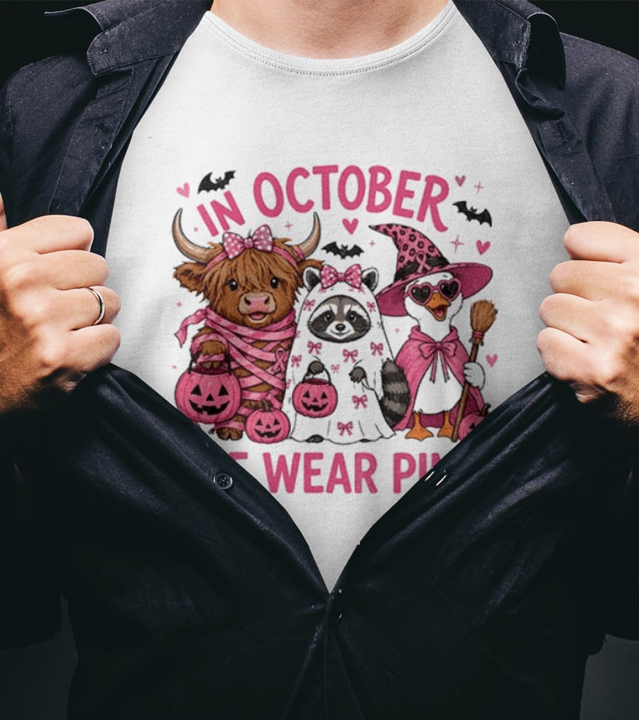 In October We Wear Pink Breast Cancer Support With Halloween Animals T-Shirt