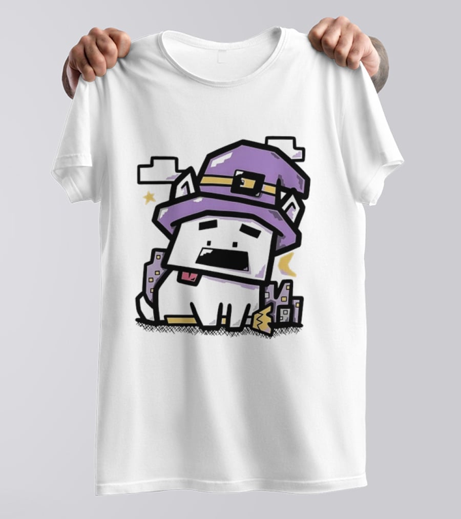 Pixel Cat Wearing Witch Hat Cute Halloween 8 Bit T-Shirt
