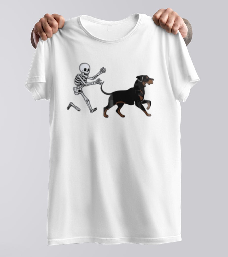 Skeleton Chasing Rottweiler With Bone In Halloween Humor Scene T-Shirt
