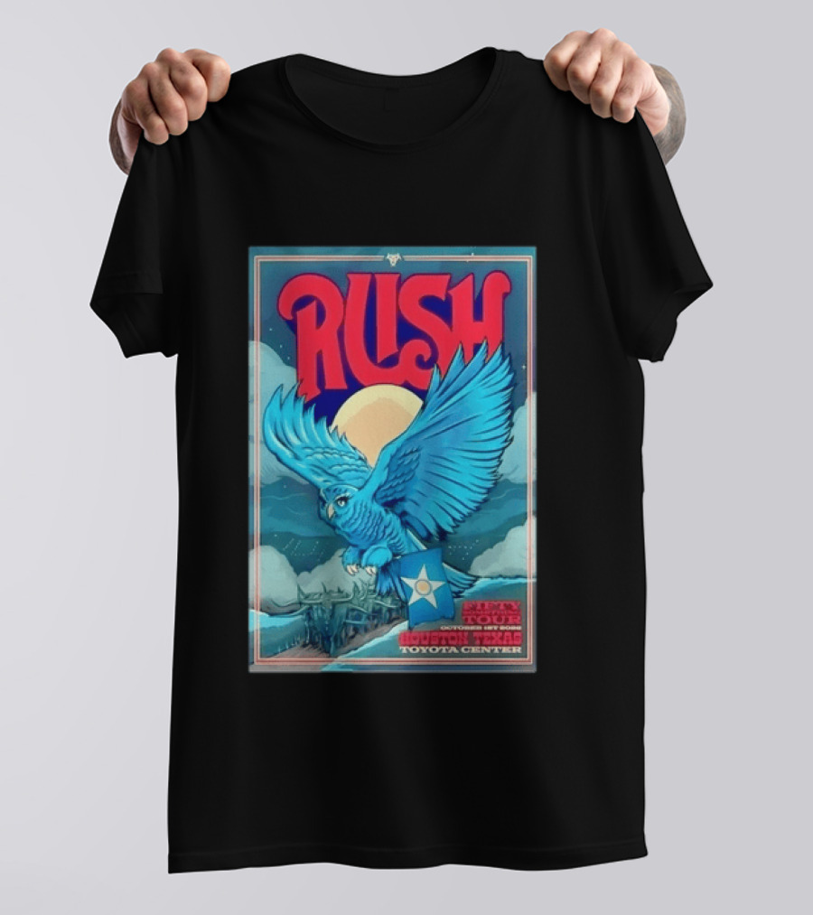 Rush Fifty Something Tour Houston Texas October 1st 2026 Toyota Center Blue Owl Moon Mountain Scene T-Shirt