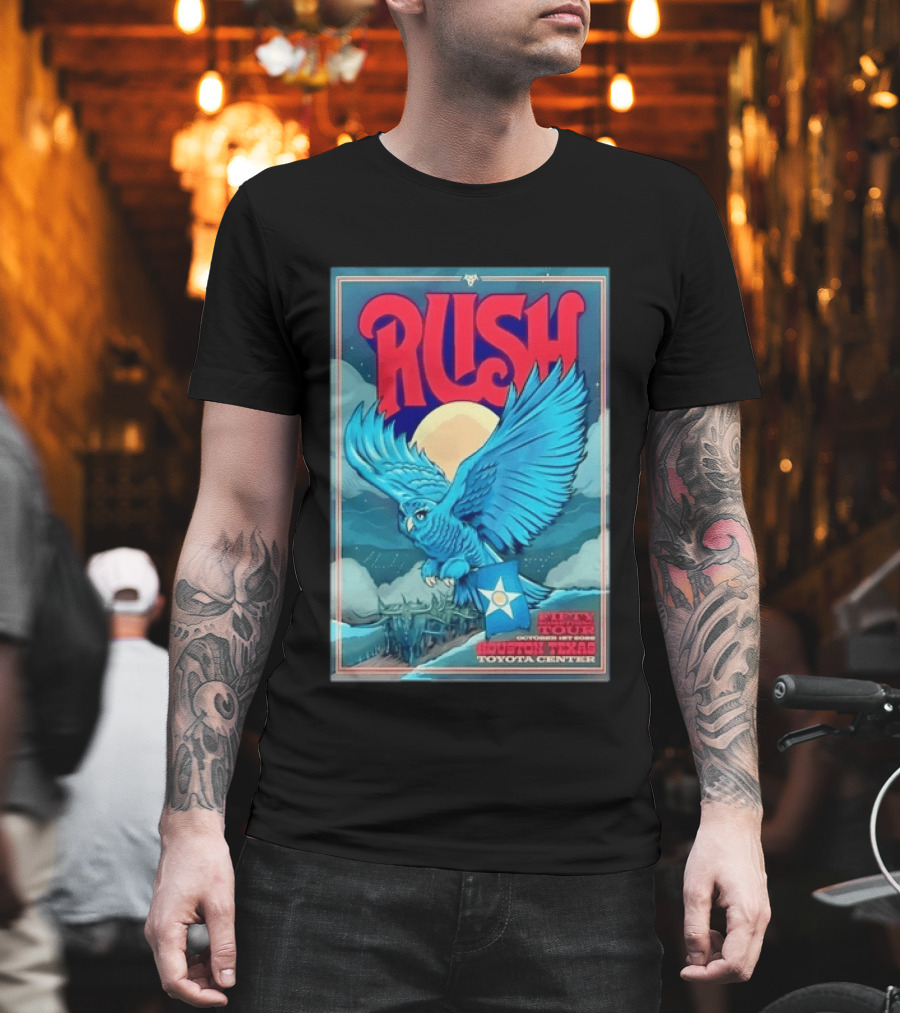 Rush Fifty Something Tour Houston Texas October 1st 2026 Toyota Center Blue Owl Moon Mountain Scene T-Shirt