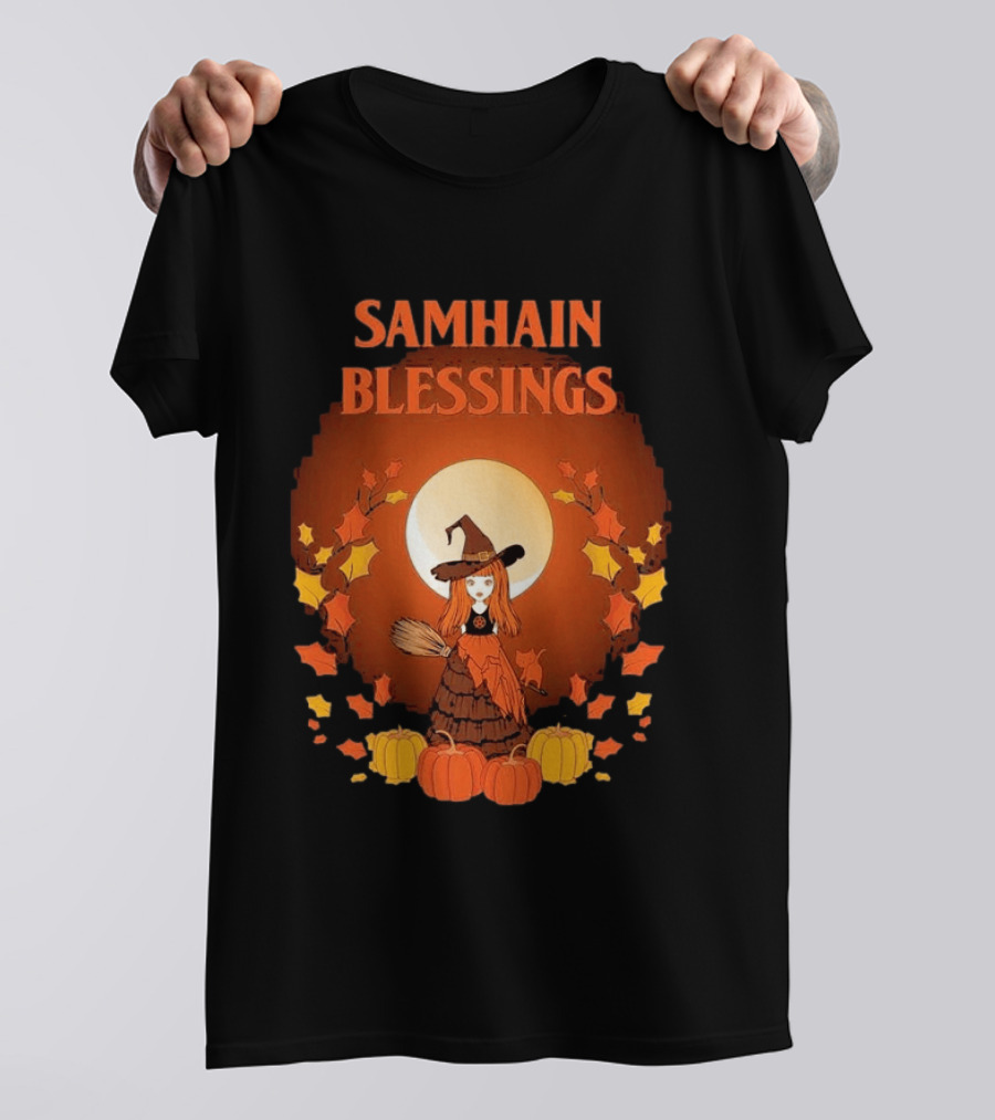 Samhain Blessings Little Witch And Pumpkin Magic Halloween T-Shirt