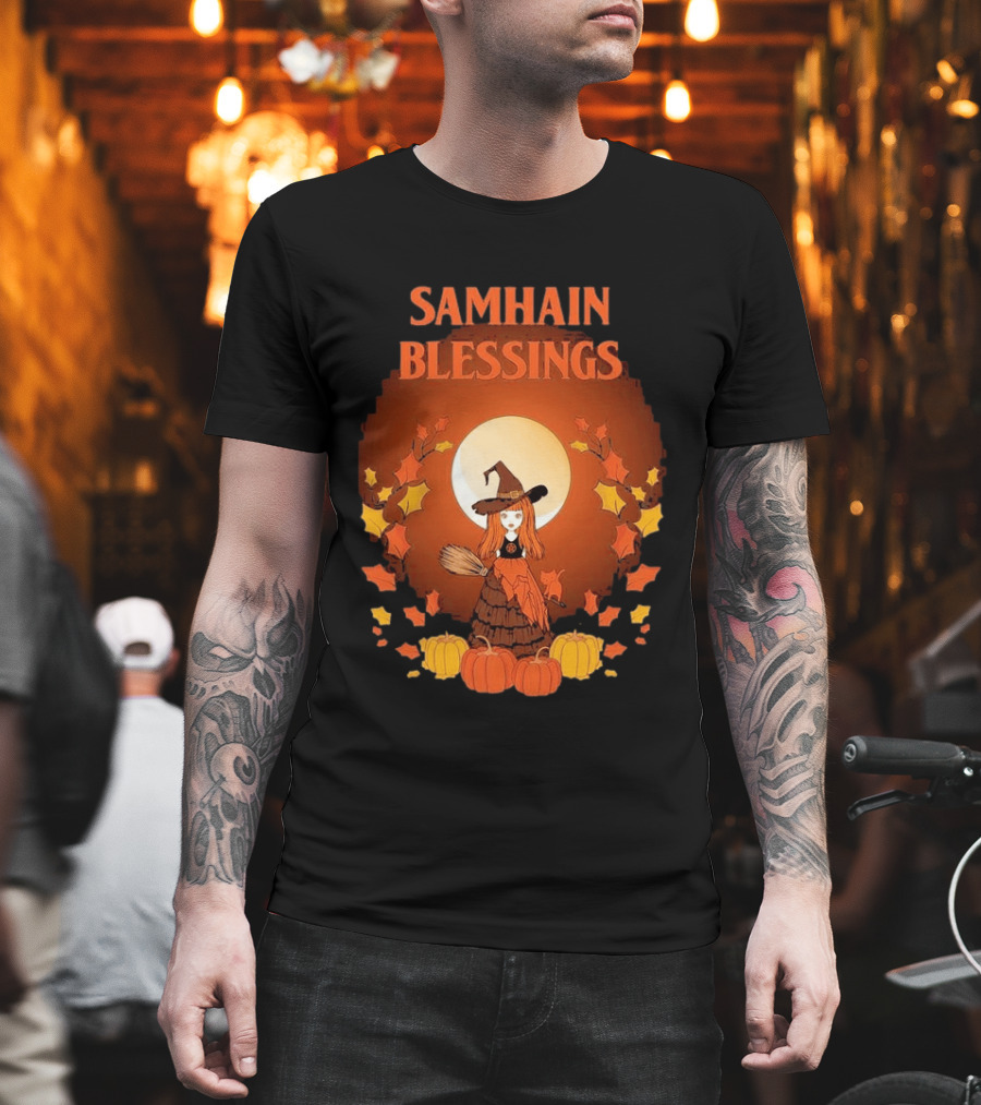 Samhain Blessings Little Witch And Pumpkin Magic Halloween T-Shirt